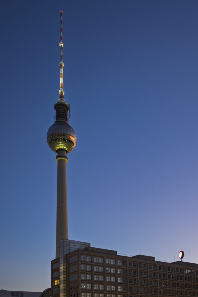 Germany, Berlin, Berlin TV Tower. The Berlin TV Tower and surrounding Alexanderplatz photographed at dusk.