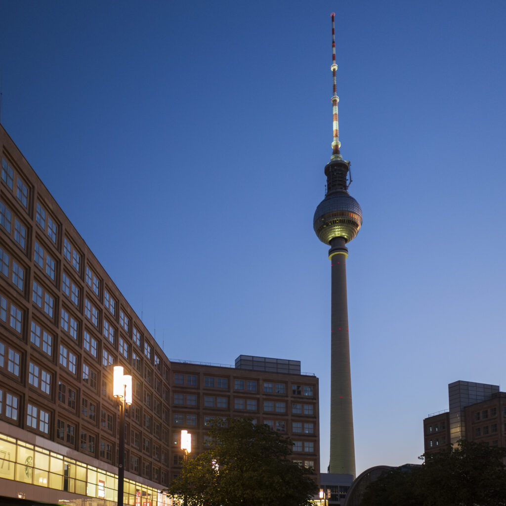 Germany, Berlin, Berlin TV Tower. The Berlin TV Tower and surrounding Alexanderplatz photographed at dusk.