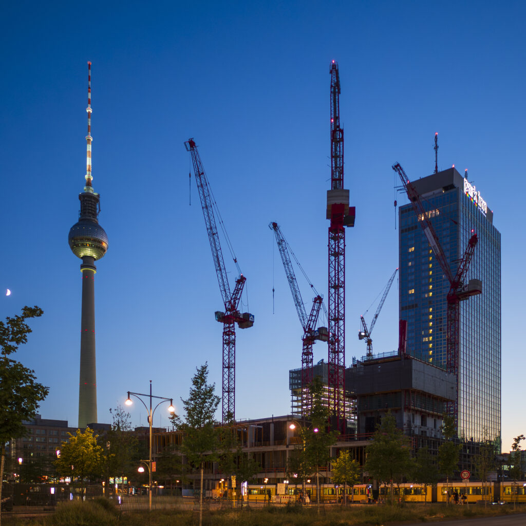 Germany, Berlin, Berlin TV Tower. The Berlin TV Tower and surrounding Alexanderplatz photographed at dusk.