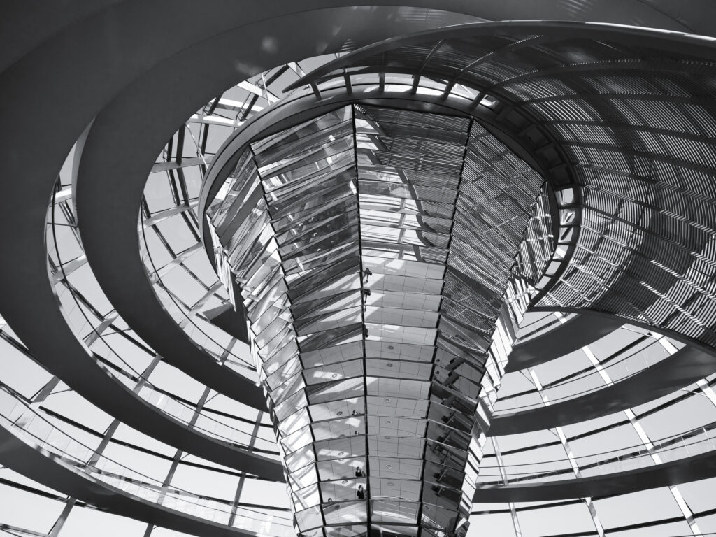 Germany, Berlin, Reichstag. Glass dome above debating chamber at the Reichstag, designed by Architect Norman Foster.