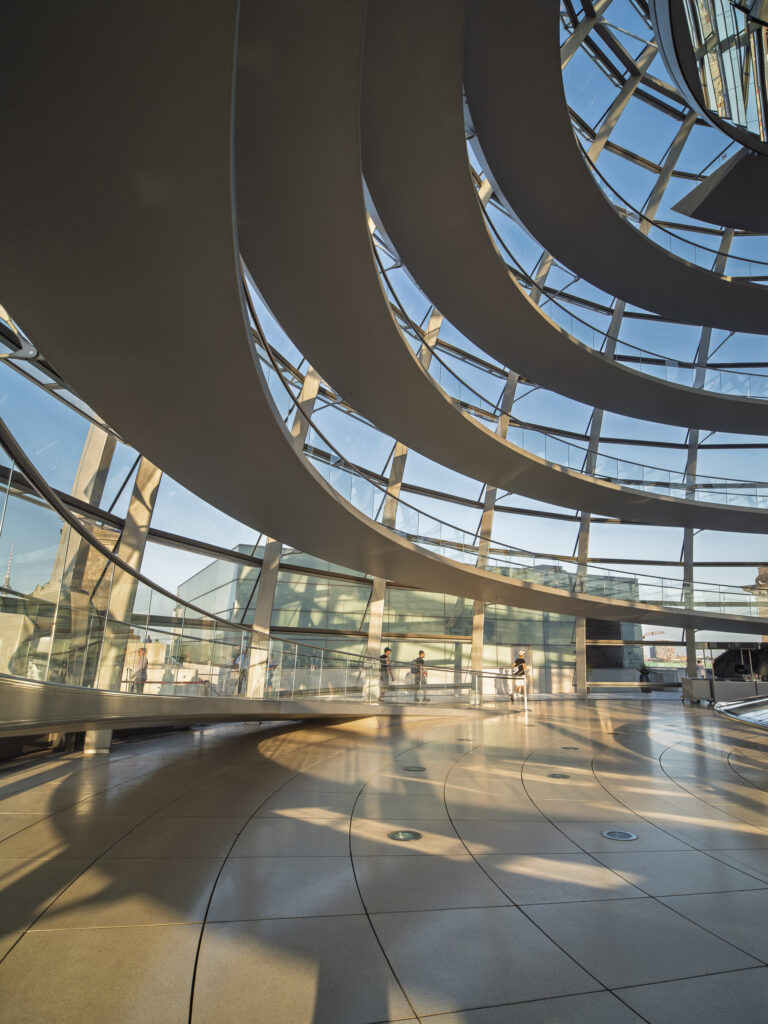 Germany, Berlin, Reichstag. Glass dome above debating chamber at the Reichstag, designed by Architect Norman Foster.