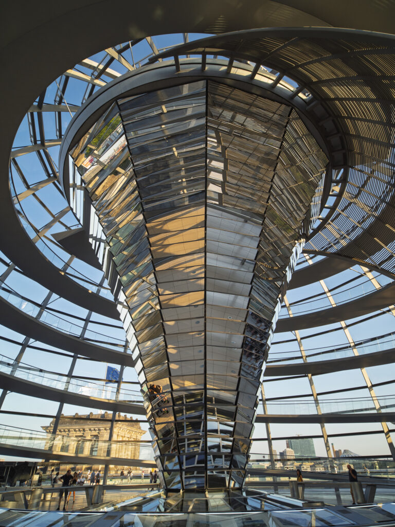 Germany, Berlin, Reichstag. Glass dome above debating chamber at the Reichstag, designed by Architect Norman Foster.