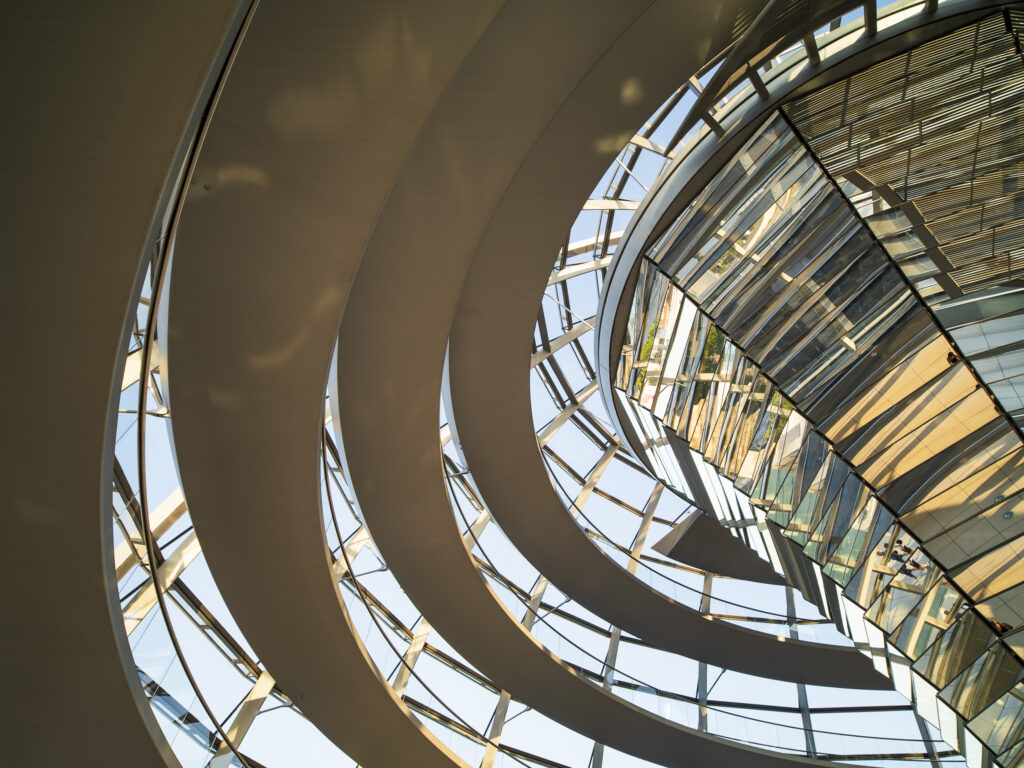 Germany, Berlin, Reichstag. Glass dome above debating chamber at the Reichstag, designed by Architect Norman Foster.