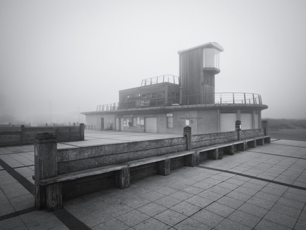 England, Northumberland, Blyth. Dave Stephens Centre located on South Blyth Sea Front, photographed on a foggy morning.