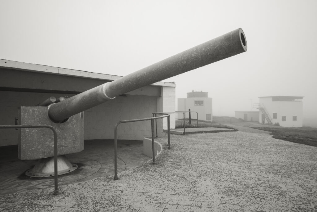 England, Northumberland, Blyth. WW1 Blyth Battery located on South Blyth Sea Front, photographed on a foggy morning.