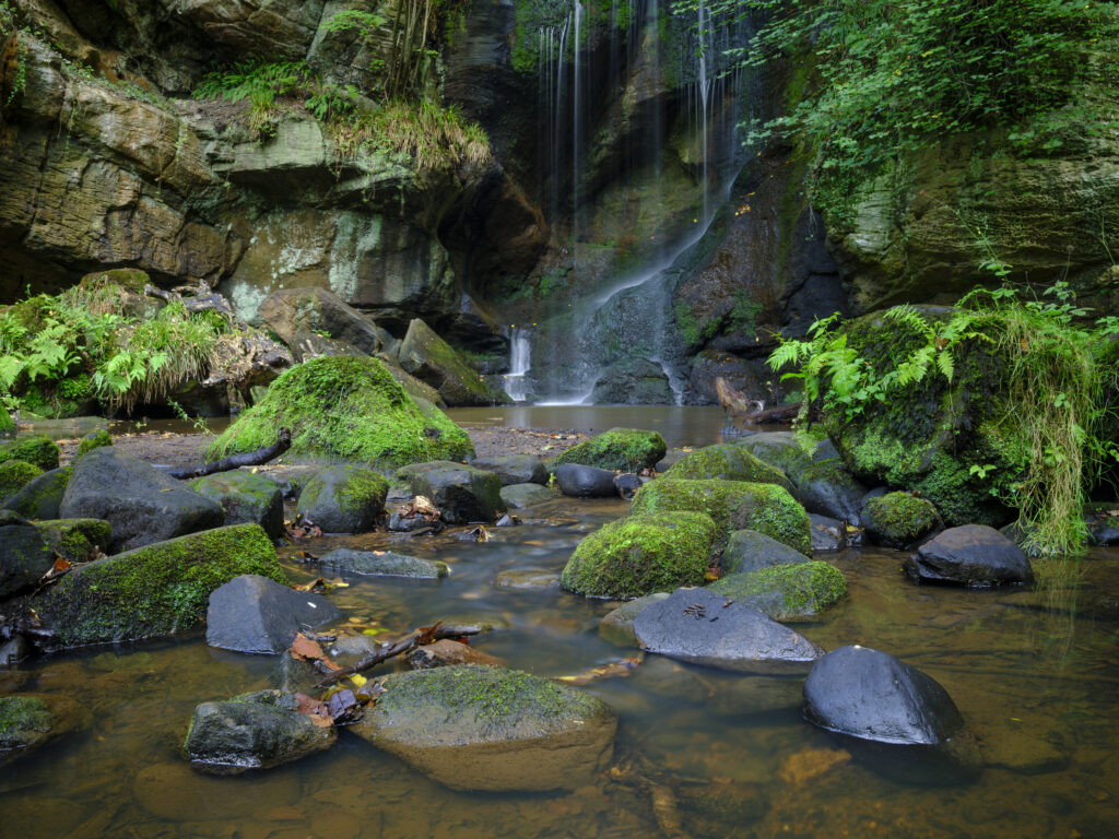 England, Northumberland, Routin Linn. Located near Ford in North Northumberland, Routin Linn is a picturesque waterfall situated in a vegetated ravine.
