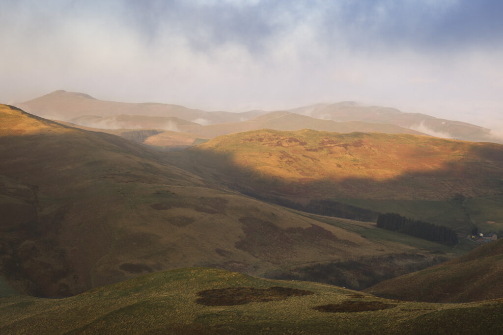 Scotland, Scottish Borders, Kirk Yetholm. View from the Pennine Way near White Law in Northumberland, looking towards Wildgoose Hill, Latchly Hill and the Southern Uplands in the Scottish Borders, on a misty morning at sunrise.