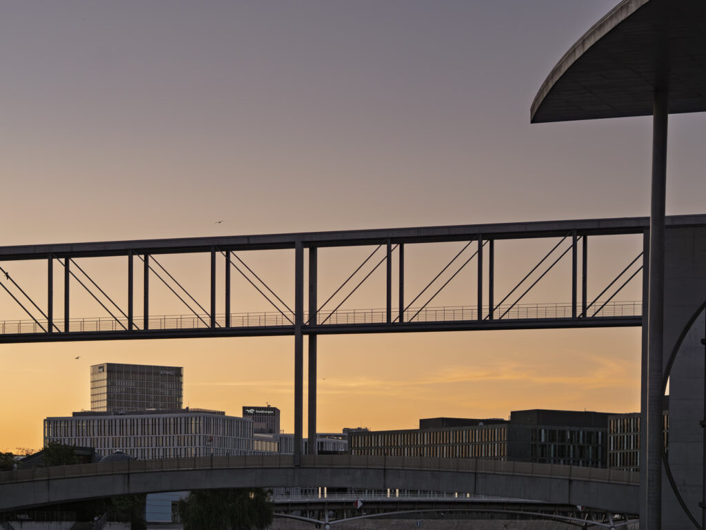 Germany, Berlin, Marie-Elisabeth-Luders-Haus. Sunset viewed from Marie-Elisabeth-Luders-Haus, a modern Government building, on the River Spree.